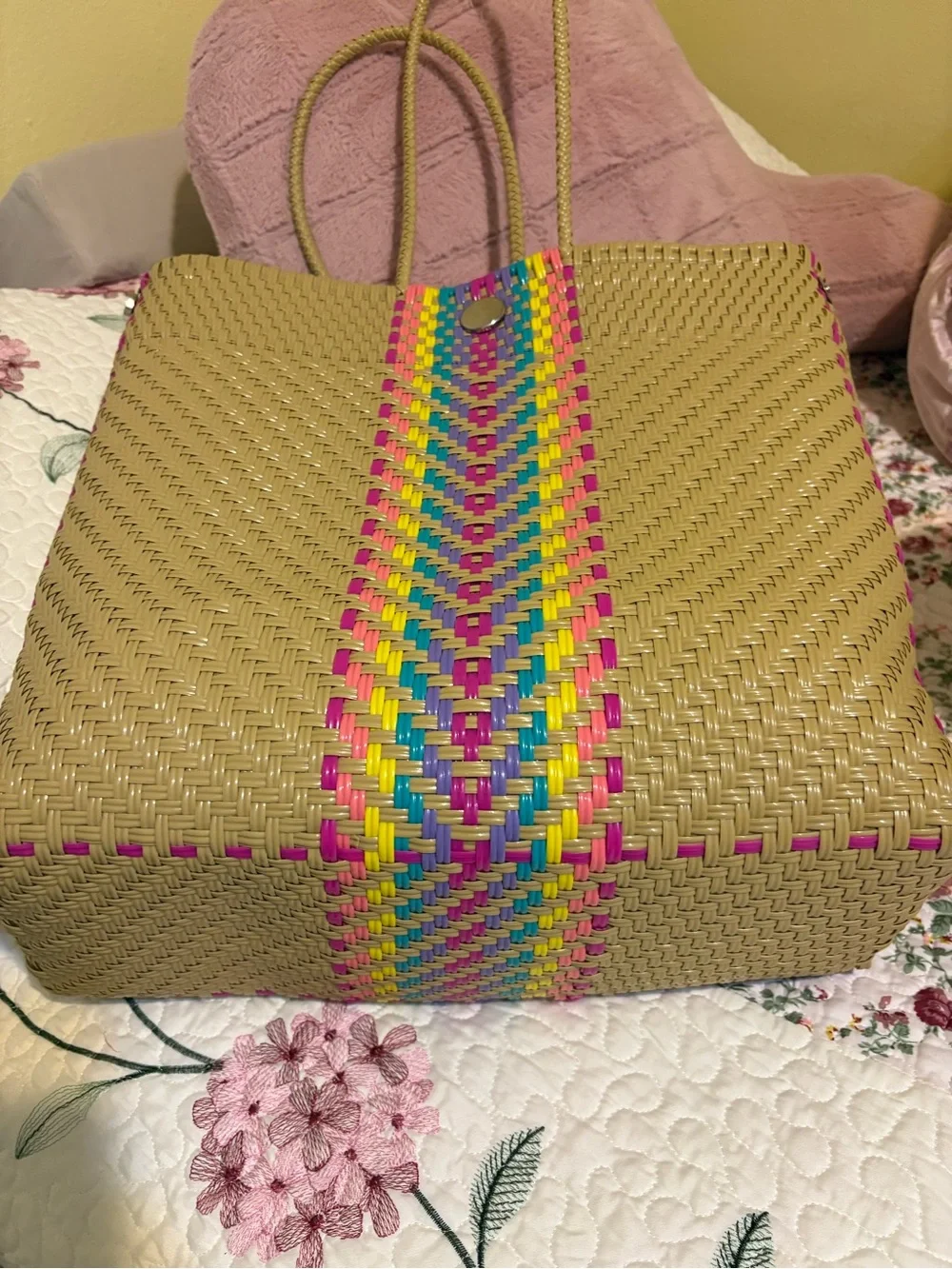 Woven Straw Tote with Multicolor Chevron Accent - Pink/Blue/Green